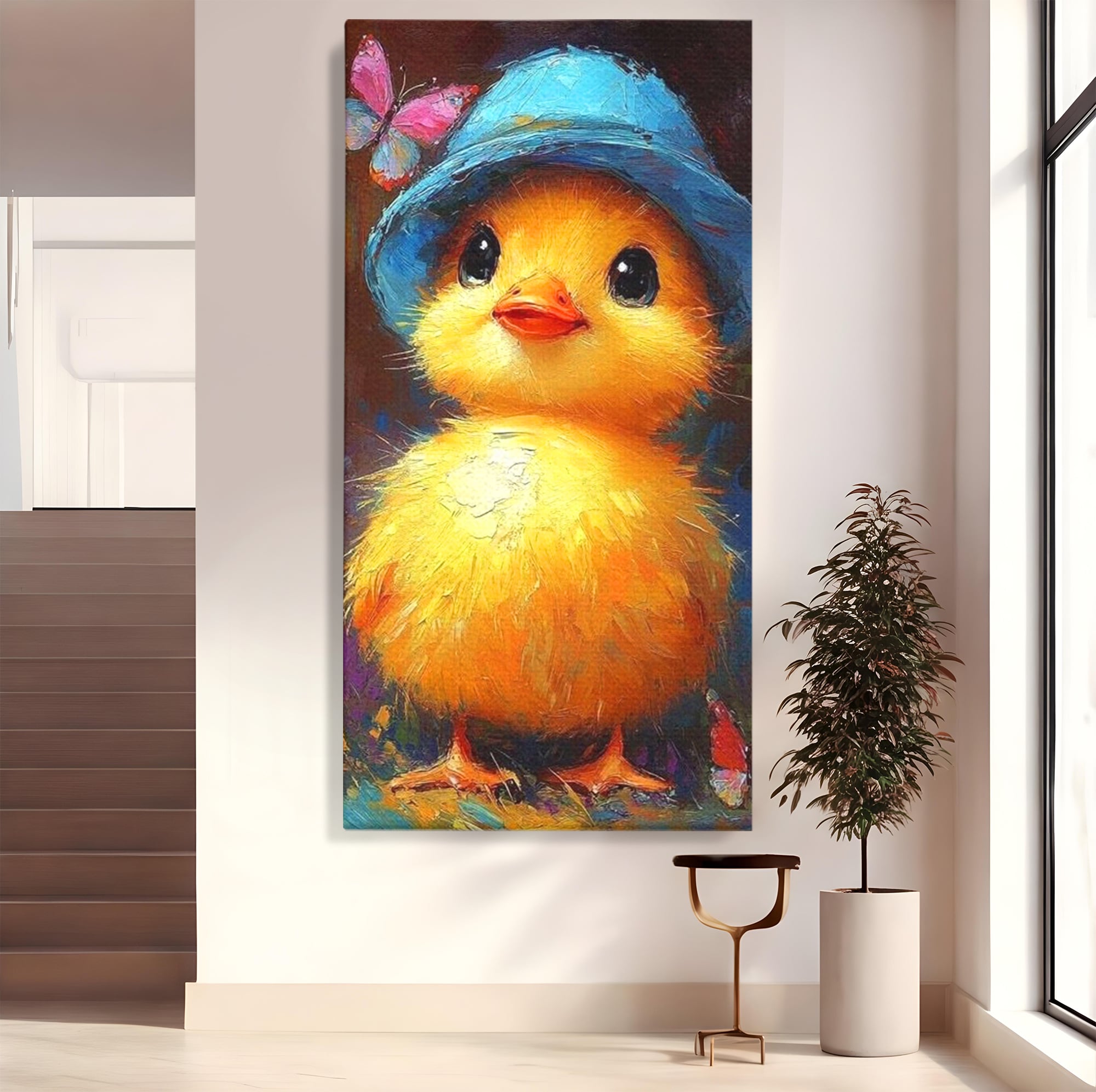 Tablou canvas cu tablou cu pui de gaina si palarie albastra, fara rama, pe sasiu de lemn